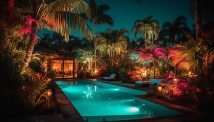 Fototapeta na wymiar Tropical palm trees illuminate luxury resort tranquil poolside at dusk generated by AI