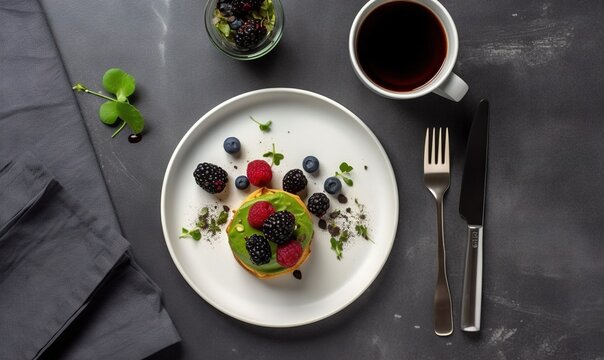  a white plate topped with fruit and berries next to a cup of coffee and a fork and knife on a table next to a cup of tea.  generative ai