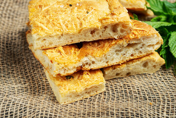 slices of fresh italian focaccho close-up.