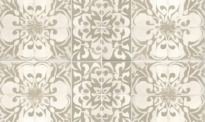  a tile pattern with a flower design on the side of it, in shades of gray and white, on a beige background, with a white border.  generative ai