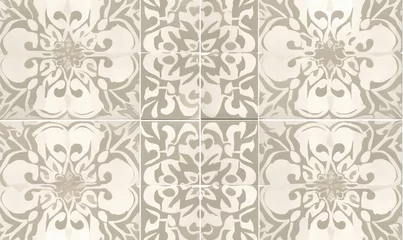 Tafelkleed  a tile pattern with a flower design on the side of it, in shades of gray and white, on a beige background, with a white border.  generative ai © Anna