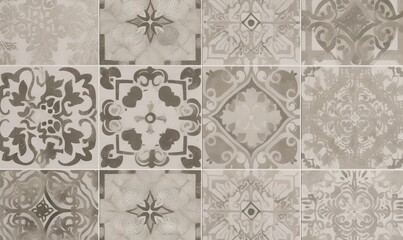  a close up of a tiled wall with different designs on it's sides and a clock on the wall above it's head.  generative ai
