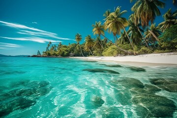 Fototapeta na wymiar Beautiful untouched tropical beach with white sand, palm trees, turquoise ocean against blue sky with clouds on sunny summer day. Perfect landscape paradise for relaxing vacation. Generative AI 