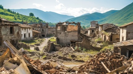 Obraz premium Picturesque village that has fallen into ruin, with collapsed houses, broken fences, and a sense of melancholy