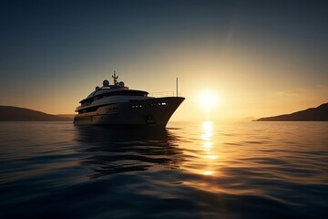 Fototapeta na wymiar Fast luxury white private motor yacht sailing at sunset pure blue clear sea ocean waters, used for renting and having good adventure travels. Sailing boat in tropical island. Generative AI Technology