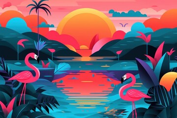 A group of flamingos standing in front of a lake. Generative AI image.