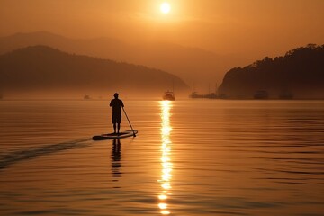 Fototapeta na wymiar A girl or woman stands up paddle SUP board on a flat quiet river during sunrise or sunset. Stand up paddle boarding - active recreation in nature, relaxing on the ocean. Generative AI Technology