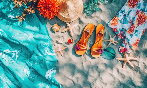  a pair of orange sandals and a hat on a beach next to a blue towel and starfish on the sand with flowers and shells.  generative ai