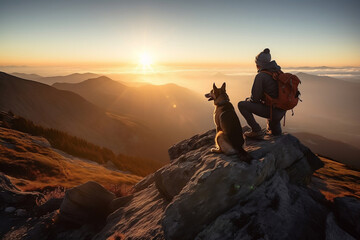 Teenaganer man with backpack and dog sitting at summit of mountain chase looking at beautiful stunning amazing view of the ocean sunrise or sunset. Freedom and travel concept. Generative AI Technology