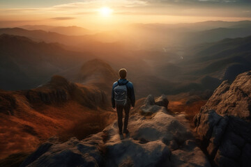 Fototapeta premium A male boy hiker traveler man stands at the summit of a mountain chase looking at a beautiful stunning amazing view of the ocean sunrise or sunset. Freedom and travel concept. Generative AI Technology