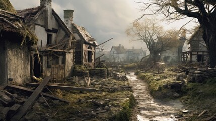 Picturesque village that has fallen into ruin, with collapsed houses, broken fences, and a sense of melancholy