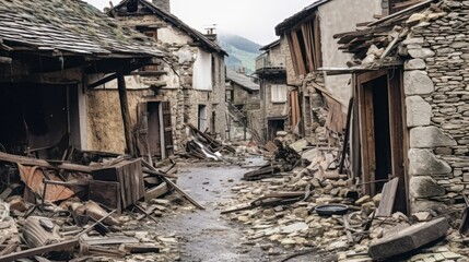 Fototapeta na wymiar Picturesque village that has fallen into ruin, with collapsed houses, broken fences, and a sense of melancholy