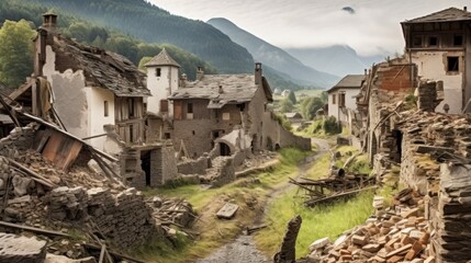 Obraz premium Picturesque village that has fallen into ruin, with collapsed houses, broken fences, and a sense of melancholy