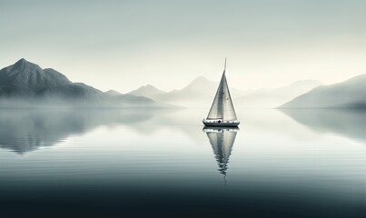 Fototapeta na wymiar a sailboat floating on a calm lake with mountains in the background in a foggy day with a lone sailboat in the foreground. generative ai