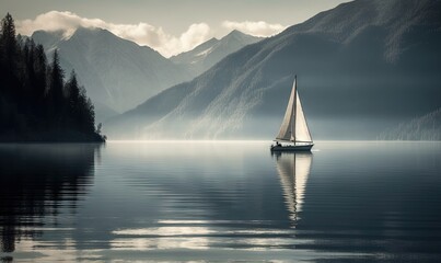  a sailboat on a calm lake with mountains in the background and clouds in the sky in the foreground, with a reflection of the water in the foreground.  generative ai