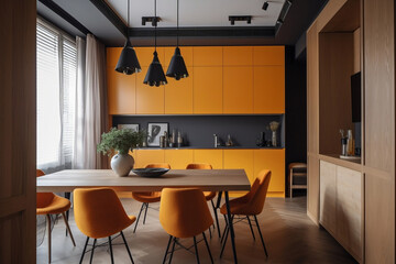 Bright kitchen in luxury eco house. Bold color blocks and contrasting textures in eco interior orange design. Zero waste, eco friendly products, recyclable architecture, sustainability. Generative AI.