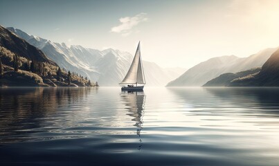 Fototapeta na wymiar a sailboat on a lake with mountains in the background and a bright sun shining on the water in the foreground of the photo. generative ai