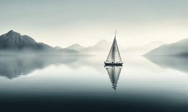  a sailboat floating on a calm lake with mountains in the background in a foggy day with a lone sailboat in the foreground.  generative ai