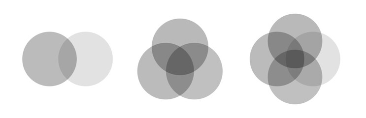 Venn diagram set black style for presentation, start up project, business strategy, theory basic operation, infographic chart, logic analysis. Vector 10 eps