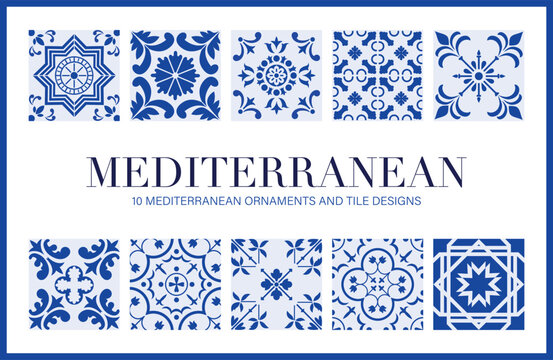 Set of Mediterranean ornaments and tiles, vector 