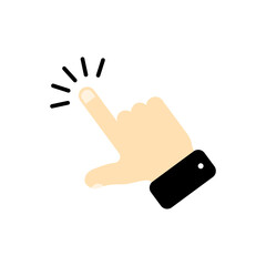 By clicking the finger icon, the hand points to the vector. Pointer click. Cursor arrow icon. Clicking a computer mouse.