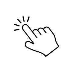 By clicking the finger icon, the hand points to the vector. Pointer click. Cursor arrow icon. Clicking a computer mouse.