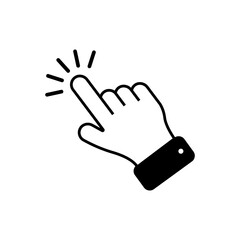 By clicking the finger icon, the hand points to the vector. Pointer click. Cursor arrow icon. Clicking a computer mouse.