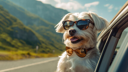 Dog travel by car. enjoying road trip. Tourism and travel concept background. 