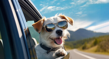 Dog travel by car. enjoying road trip. Tourism and travel concept background. Created with generative AI technology.