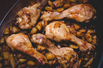 Chicken thighs with baked potatoes, juicy and tender, homemade dinner, dark background.