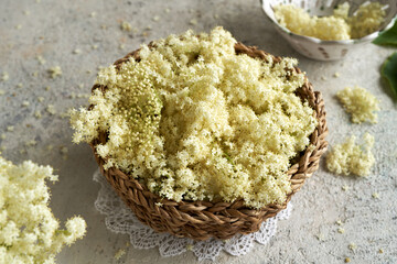 Black elder flowers in a basket on a table