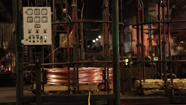 wire insulation, Copper plating, cable reels. Industrial facility produces copper wire and cable in reefs, factory produces copper wire cable in coils, steel manufacturing plant