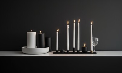  a group of candles sitting on top of a table next to a wine glass and a wine glass on top of a table next to a candle holder.  generative ai