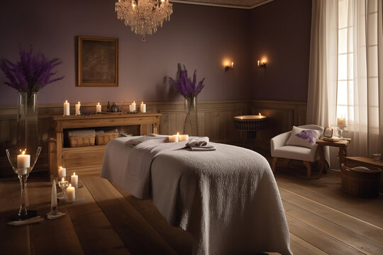 Candle, spa and relax with aromatherapy treatment in a tray in a room for luxury or wellness. Background, health and massage with still life in resort hotel for skincare or relaxation. Generative AI