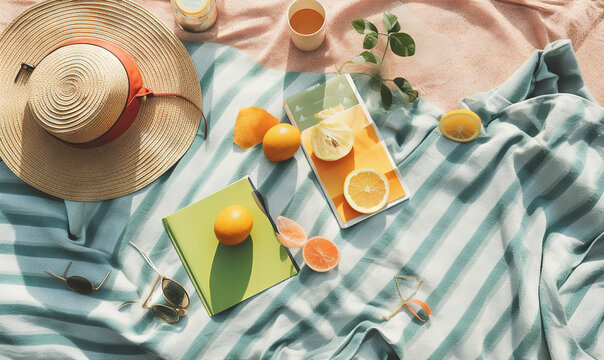  a hat, oranges, and a book on a blanket with a straw hat on top of it and a glass of orange juice.  generative ai