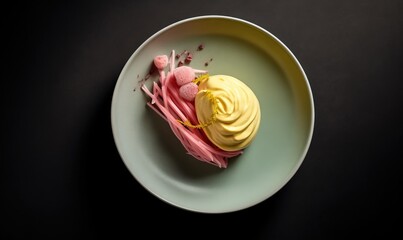  a plate with a dessert on it on a black tablecloth with a black background and a black table cloth with a white plate with a yellow and pink dessert on it.  generative ai