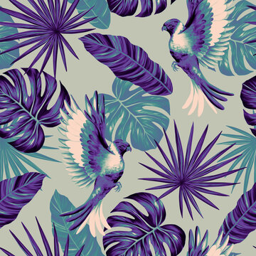 Tropical leaf seamless pattern. Colorful vivid print with beautiful palm jungle leaves and lorikeet parrots. Repeated luxury design for packaging, cosmetic, fashion, textile, wallpaper.