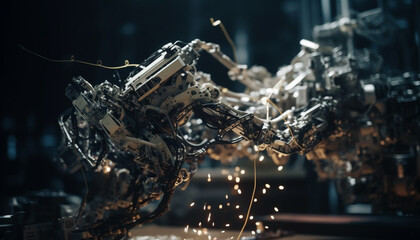 Metallic machinery turning steel in a complex manufacturing workshop generated by AI
