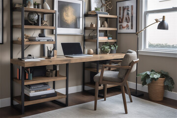 home office with a functional desk, comfortable chair, and bookshelves filled with books and decorative items