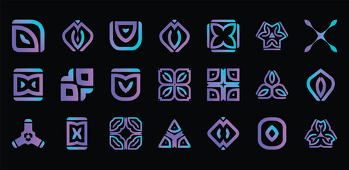 a collection of different shapes and designs, a purple and blue diamond shaped log, a blue and purple flower design, a logo with a black background