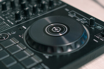 Fototapeta na wymiar Remote control mixer to adjust the sound volume level Create music Recording studio equalizer buttons