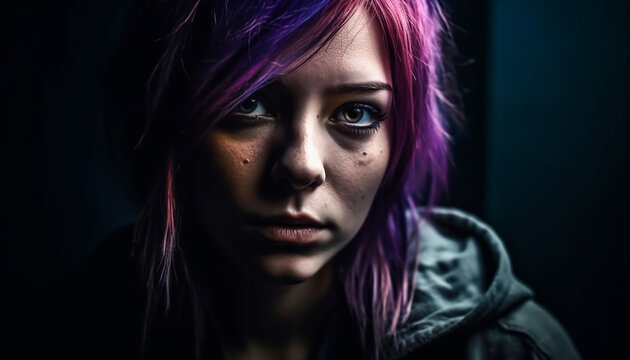 Beautiful young woman with purple hair staring into darkness generated by AI