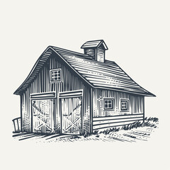 Hand drawn farm barn building illustration. Vintage woodcut engraving style vector illustration.  © RetroVector