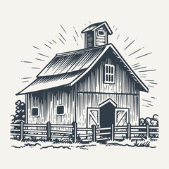 Hand drawn farm barn building illustration. Vintage woodcut engraving style vector illustration.  © RetroVector