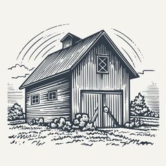 Hand drawn farm barn building illustration. Vintage woodcut engraving style vector illustration.	