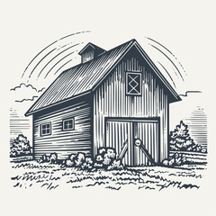 Hand drawn farm barn building illustration. Vintage woodcut engraving style vector illustration.  © RetroVector