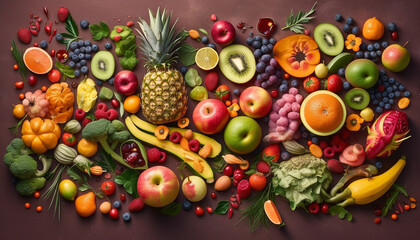 Naklejka na ściany i meble Vibrant collection of ripe, multi colored fruits and vegetables on table generated by AI