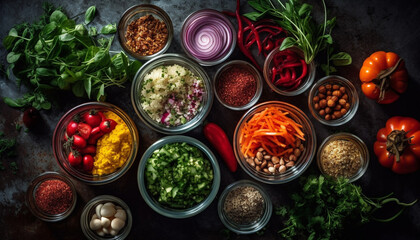 Fototapeta na wymiar Healthy vegetarian salad with fresh organic ingredients on rustic wood table generated by AI