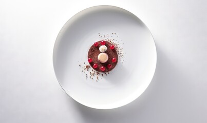  a white plate topped with a piece of chocolate cake and a white candle on top of a white tablecloth covered tablecloth with a white background.  generative ai