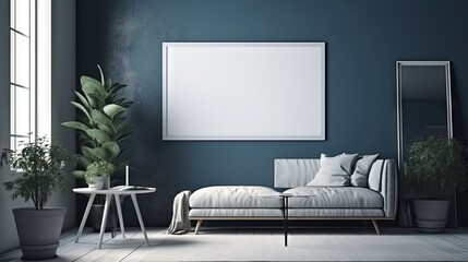  a living room with a couch, table, mirror and potted plant on the wall in front of the couch is a blank picture.  generative ai